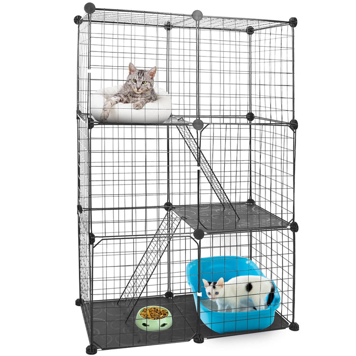 3 Tier Cat Playpen Cage Metal Indoor Cat House Detachable Kitten House with 3 Doors 2 Ladders Large Cat Exercise Place for 1-2 Cats Black