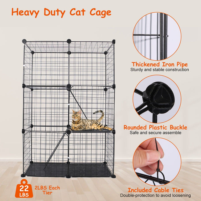 3 Tier Cat Playpen Cage Metal Indoor Cat House Detachable Kitten House with 3 Doors 2 Ladders Large Cat Exercise Place for 1-2 Cats Black