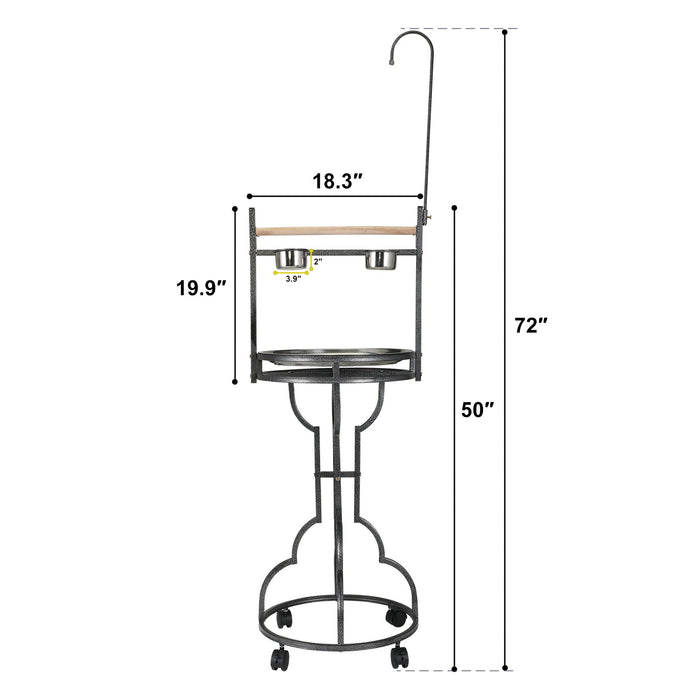 Bird Stand Rack with Solid Wood Perch, Feeding bowls, Waste Tray, Toy Hook and Casters, Black XH