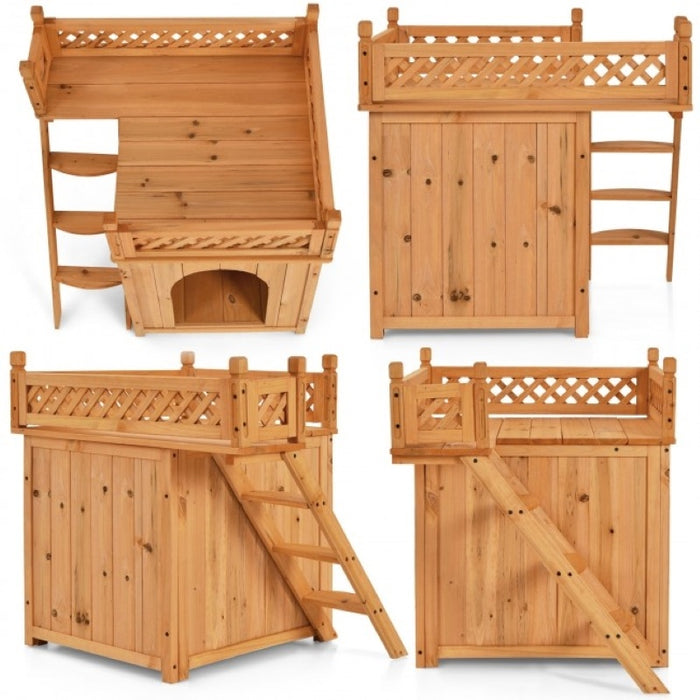 New Style Wood Pet Dog House With Roof Balcony And Bed Shelter