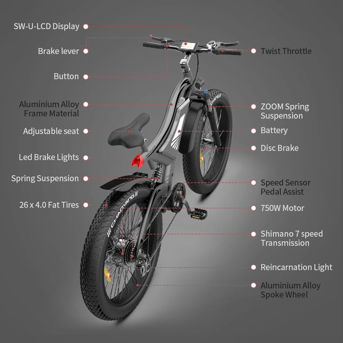 AOSTIRMOTOR S18 26" 750W Electric Bike Fat Tire 48V 15AH Removable Lithium Battery for Adults