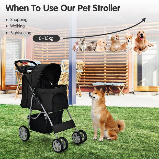 Foldable 4-Wheel Pet Stroller with Storage Basket