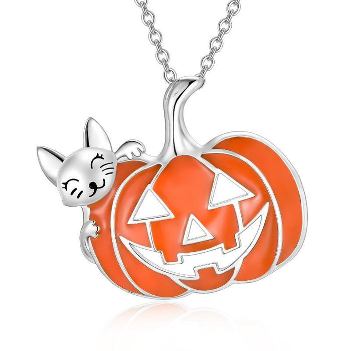 Pumpkin Necklace S925 Sterling Silver Cat Pendant Halloween Party Birthday Christmas Jewelry